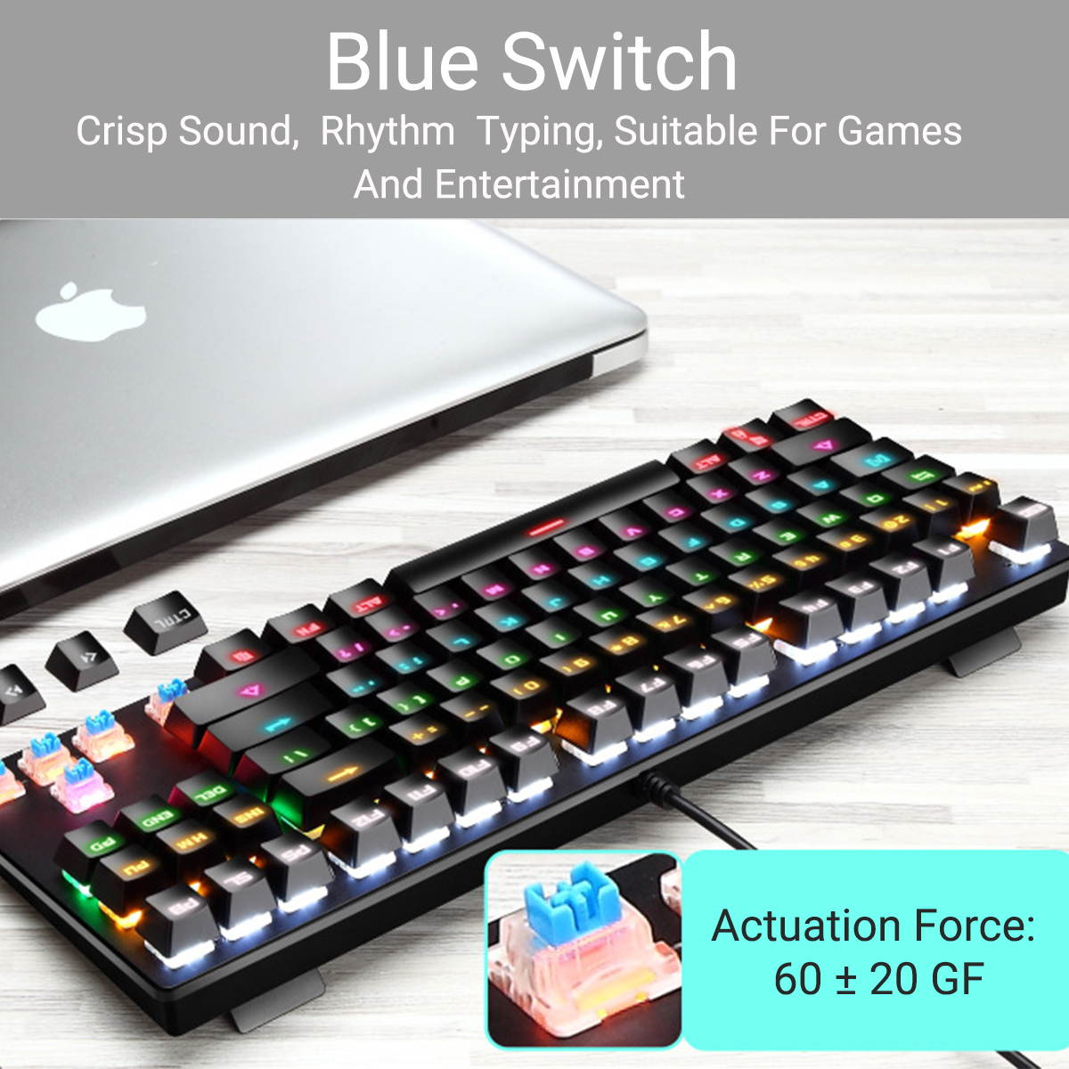 CUUWE K550 87 Keys Wired Mechanical Keyboard Blue Switch Waterproof 19 RGB Backlight Gaming Keyboard for Windows XP/7/8/10 Systems