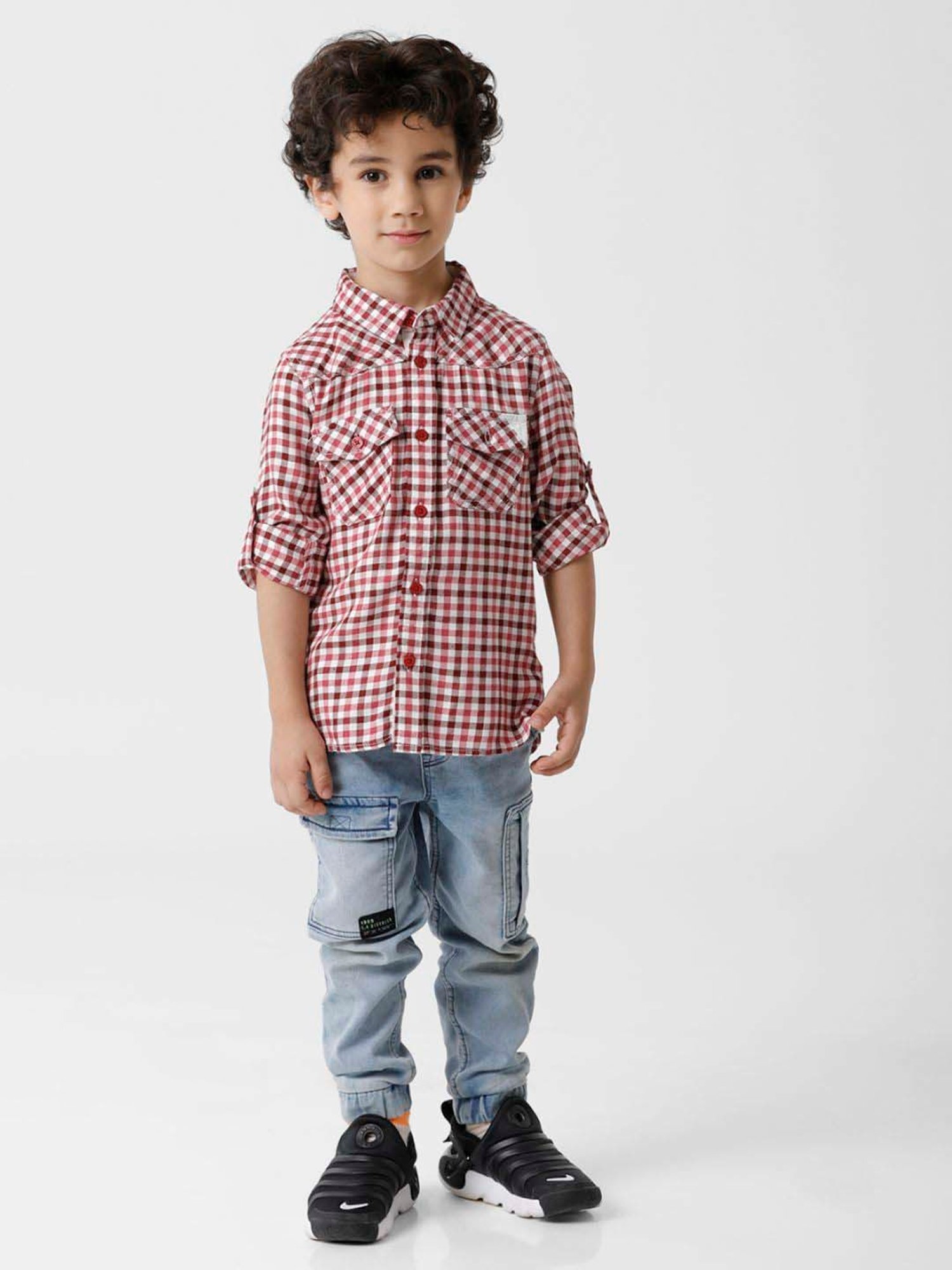 Kate & Oscar Kids Pink & White Chequered Full Sleeves Shirt