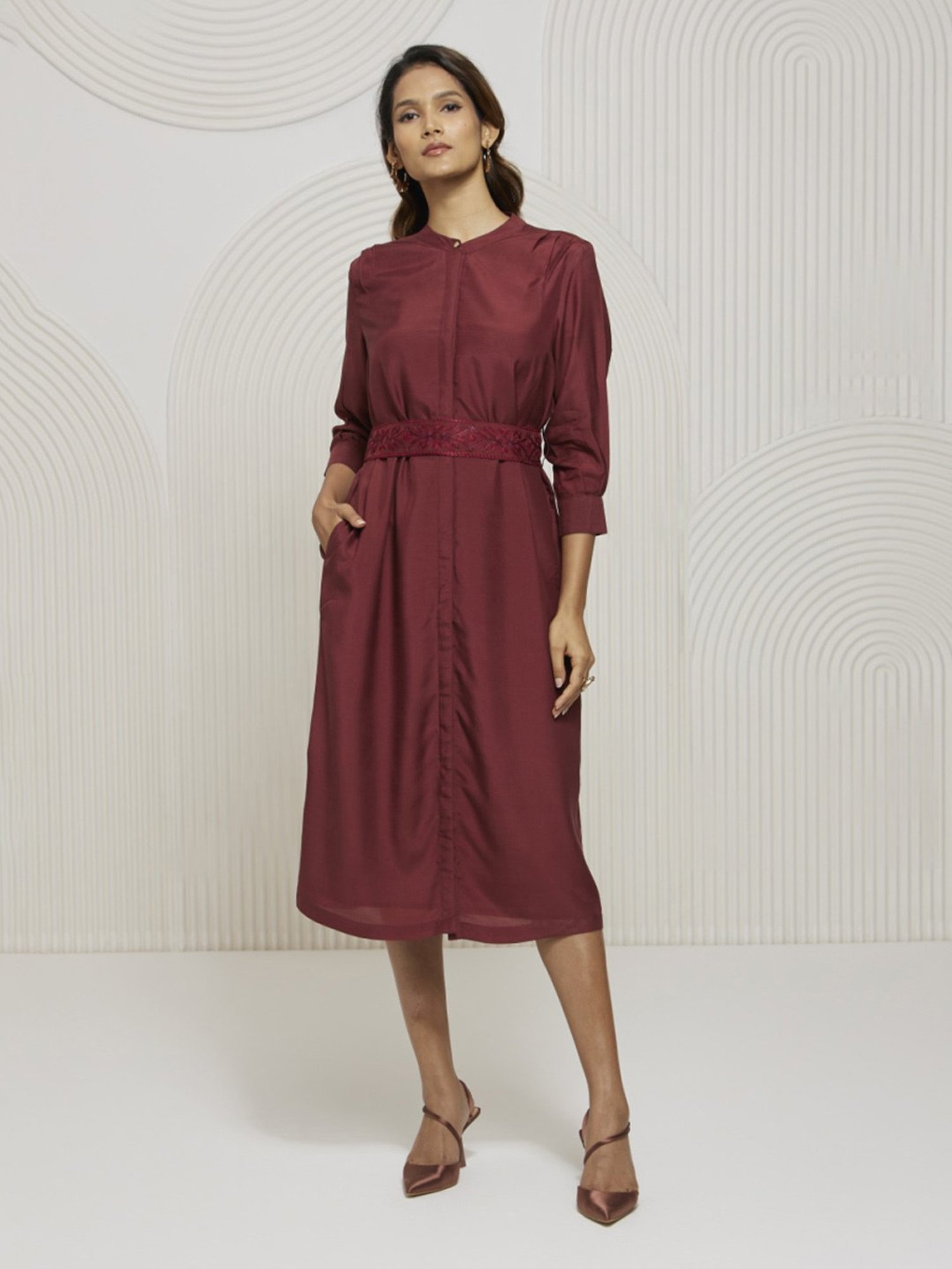 Artagai Tawny Port Shift Dress with Embroidered Belt