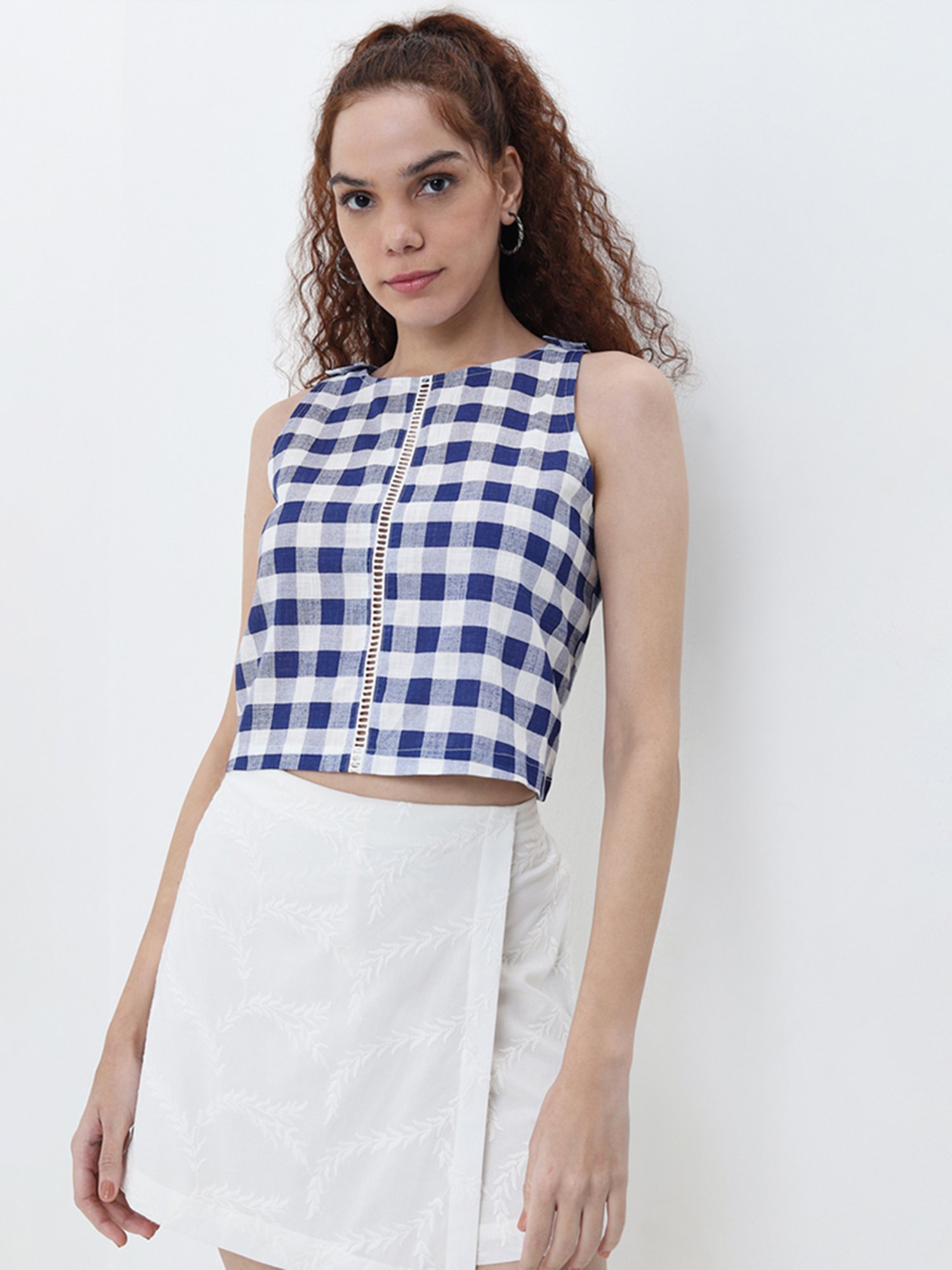 Bombay Paisley by Westside Blue Checkered Print Cotton Top