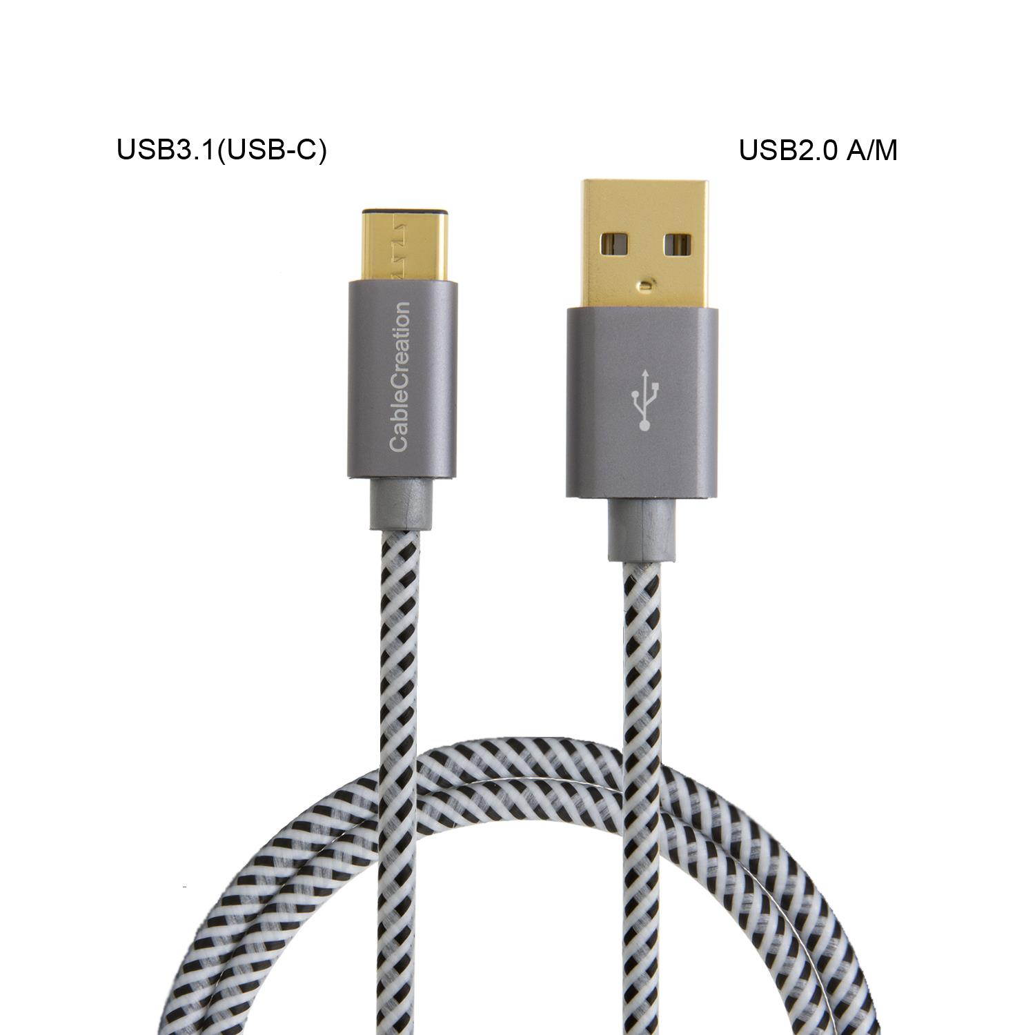 USB Type C Cable,CableCreation 1.6ft Braided Type C (USB-C) to standard USB A Cable for Nexus 6P,OnePlus,Nexus 5X ,the New Macbook 12 inches & More, Gray[New Version 56K Ohm Resistance]