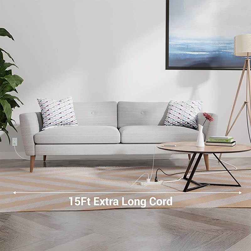 6Outlet Power Strip Surge Protector Long Extension Cord Low Profile Flat Plug and 15 Amp Circuit Breaker 500 Joules Wall Mount UL Listed 15 Foot White