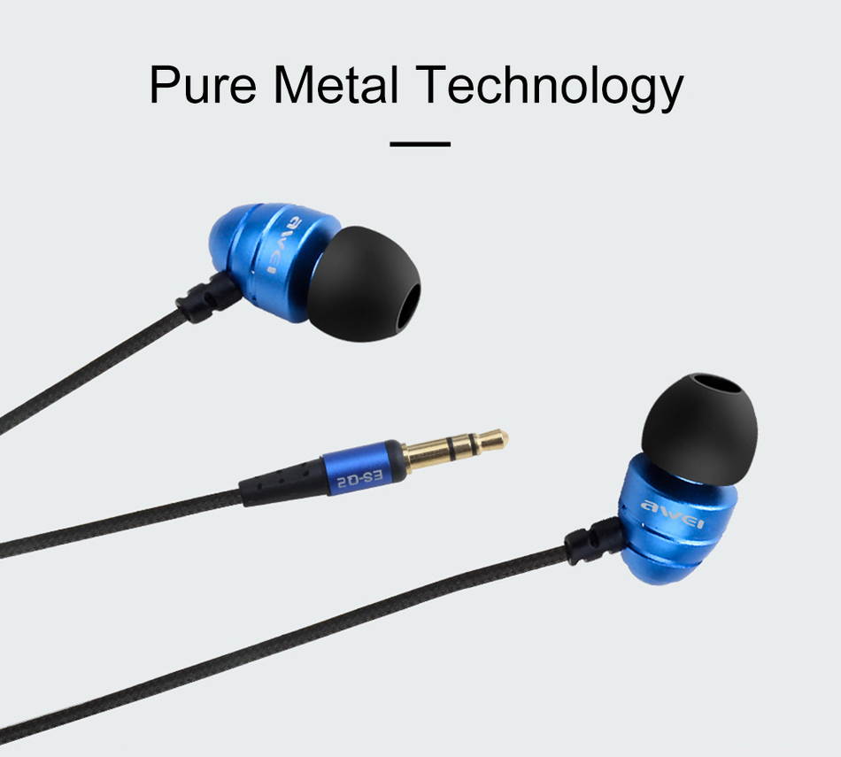 AWEI ESQ2 Fashionable Deisgn Metal 3.5MM Plug Stereo Music Deep Bass In-Ear Earphones with Microphone for Mobile Phones