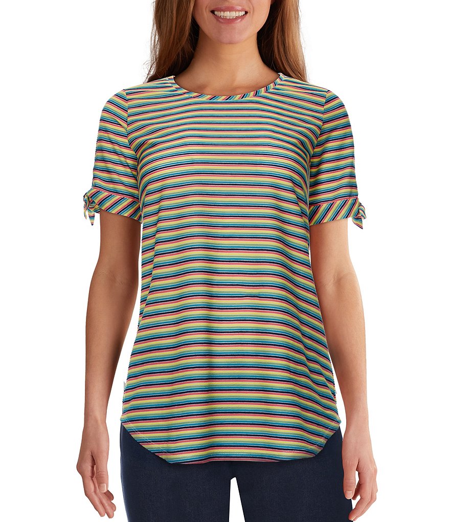 Ruby Rd. Colorful Ottoman Stripe Tie-Sleeve Jewel Neck Top