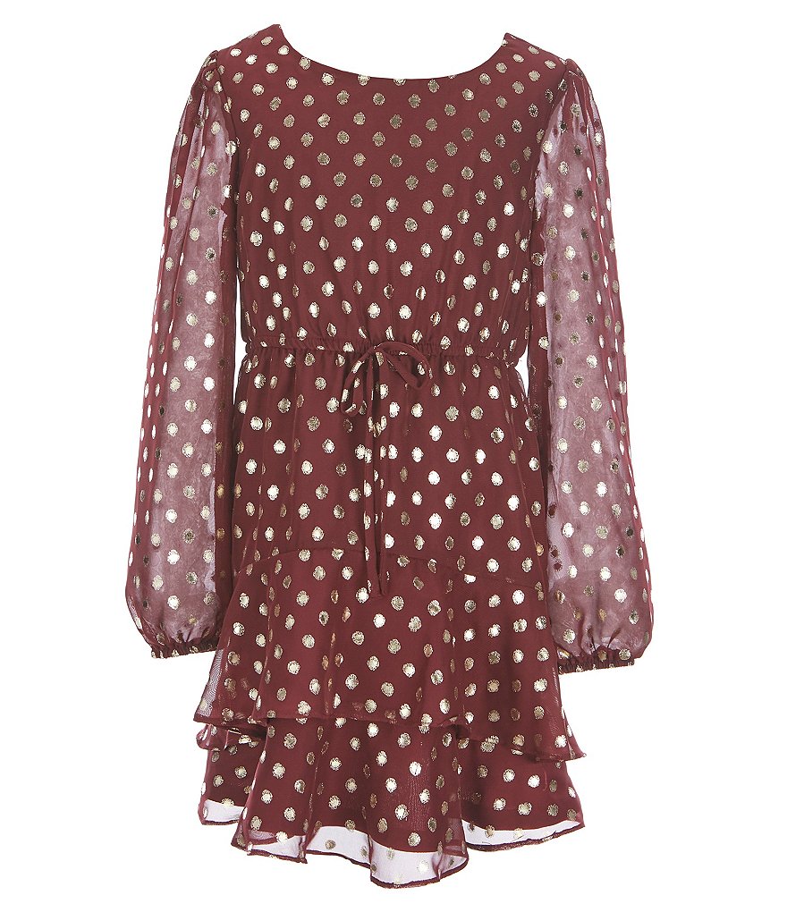 Poppies And Roses Big Girls 7-16 Long Sleeve Dotted Tiered A-Line Dress