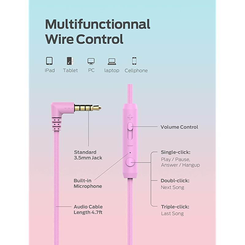 Kids Headphones for School with Microphone - 94dB Volume Control, Wired Headphones for Kids Girls Boys, Adjustable Foldable On-Ear Headphones for Online Learning/iPad/Tablet/Travel, Pink