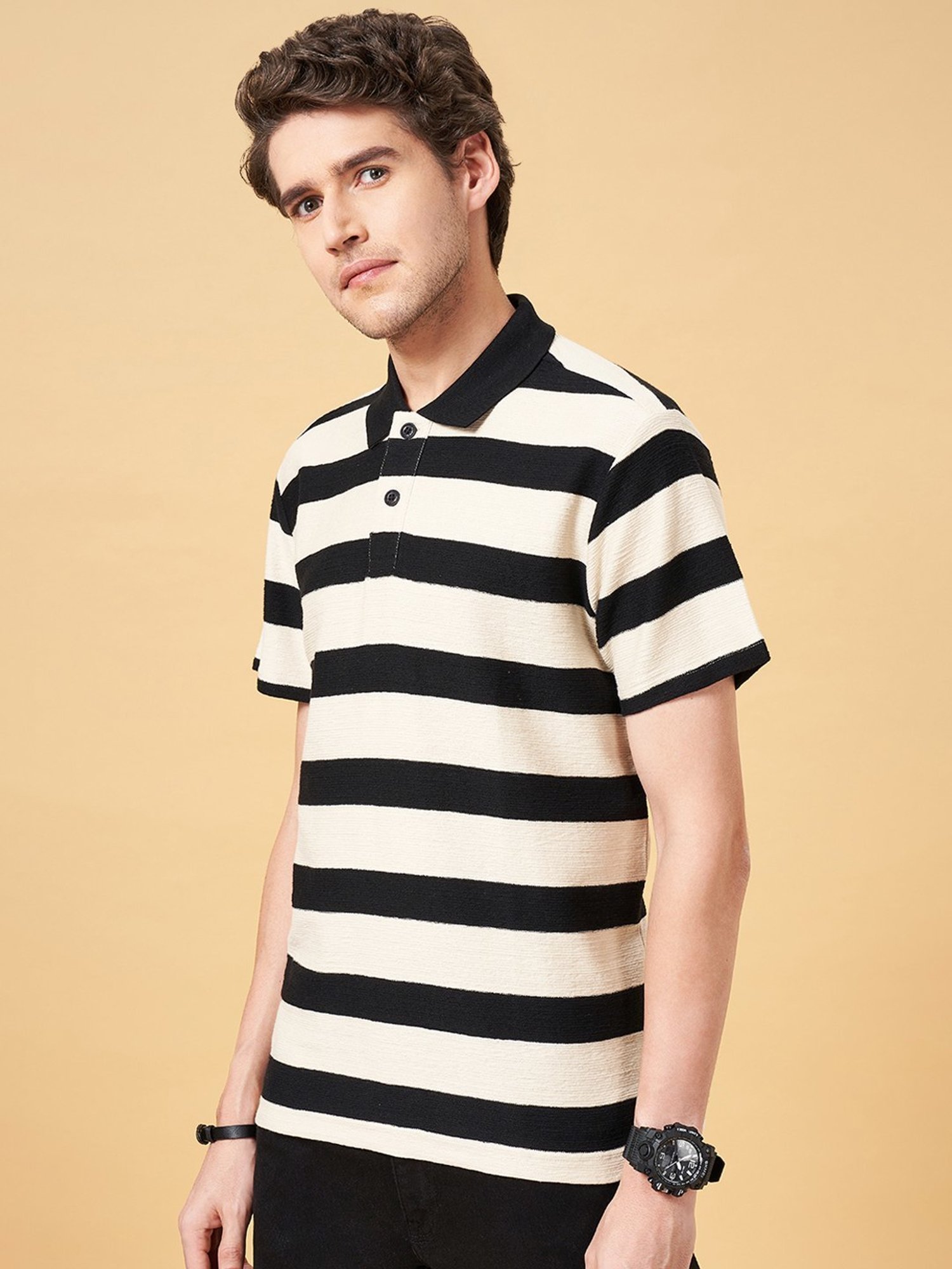 People by Pantaloons Jet Black Cotton Regular Fit Striped Polo T-Shirt