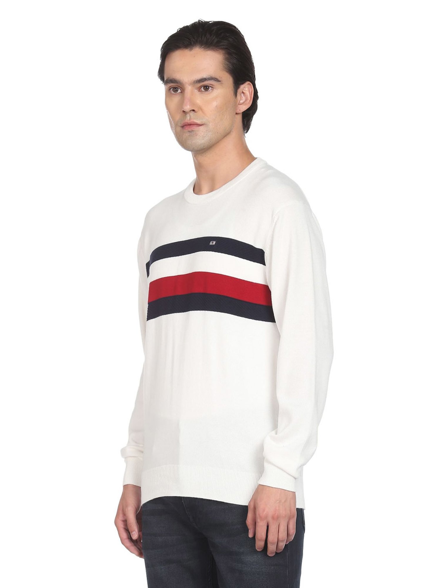 Arrow Sport White Cotton Regular Fit Striped Sweater