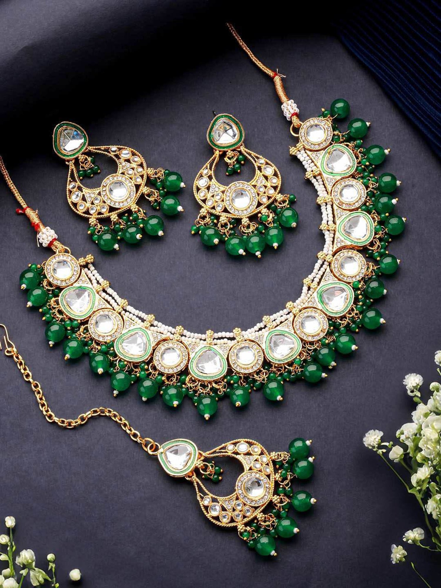 Aatmana Gold-Plated Green & White Kundan-Studded Jewellery Set with Maangtikka for Women
