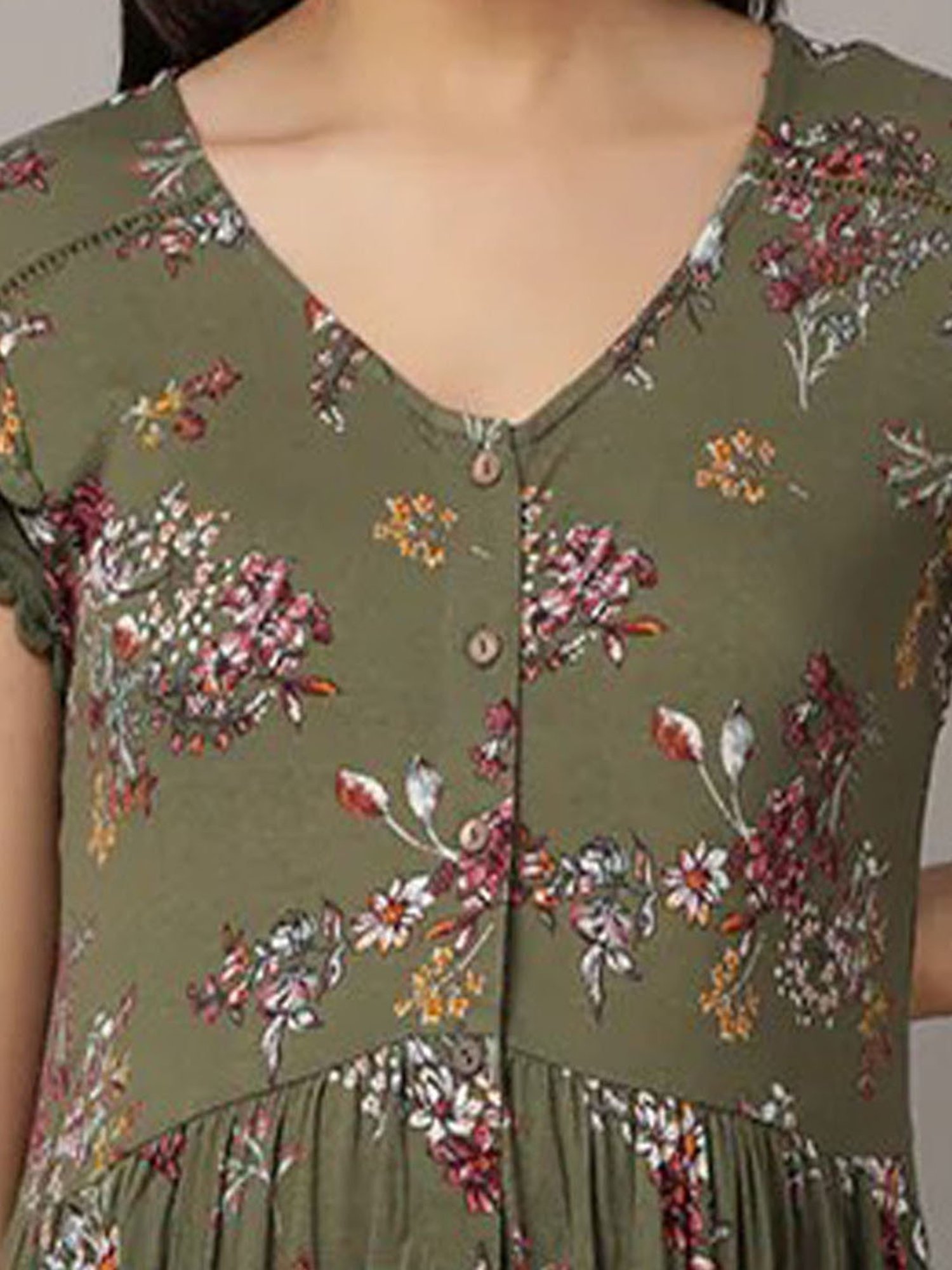 The Mom Store Olive Cotton Floral Print Maternity & Nursing Dress