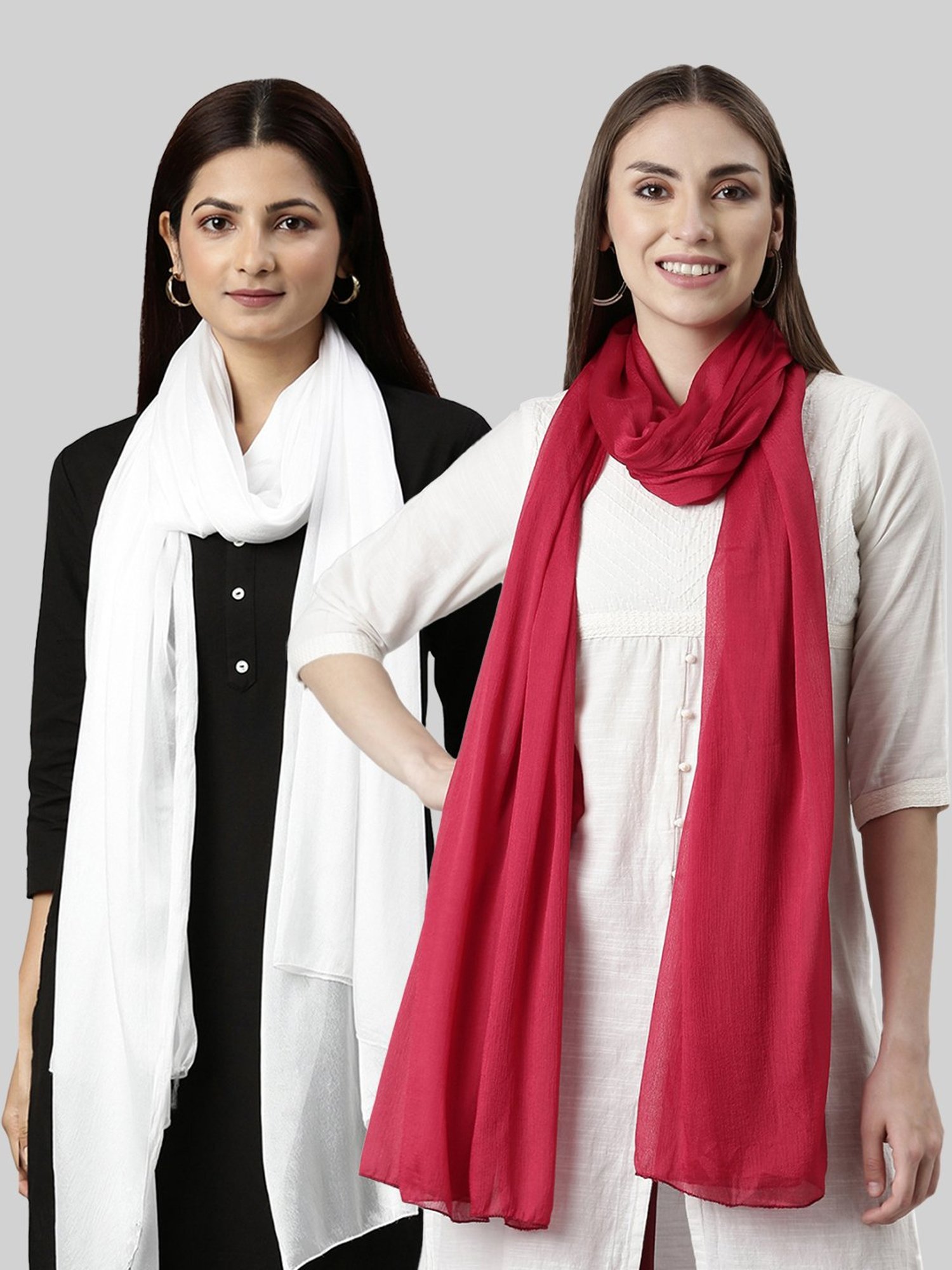 TWIN BIRDS White & Red Plain Dupatta - Pack Of 2