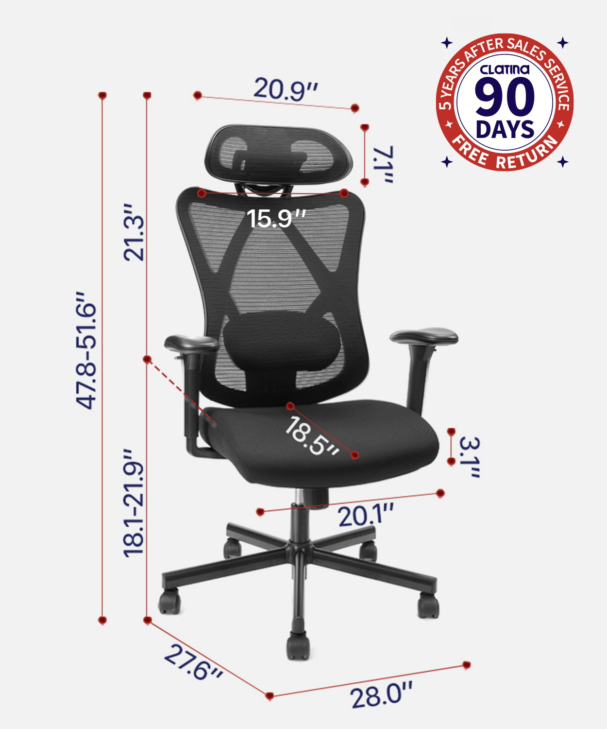 CLATINA Ergonomic Mesh Office Chair High Back Computer Desk Chair with Adjustable Head Arm Rest and Lumbar Support Executive Task Chair for Home Office and Gaming (Black)