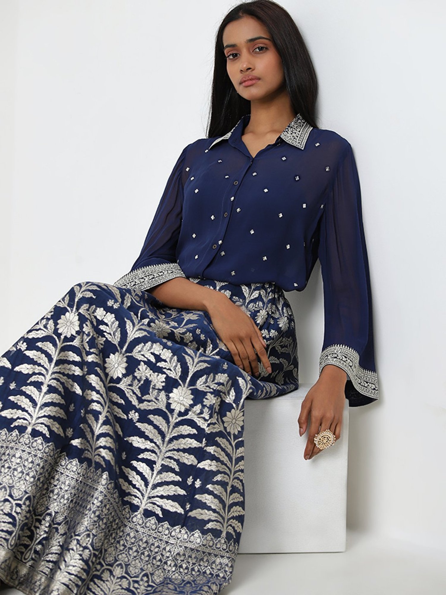 Vark by Westside Navy Embellished Shirt, Inner and Skirt Set