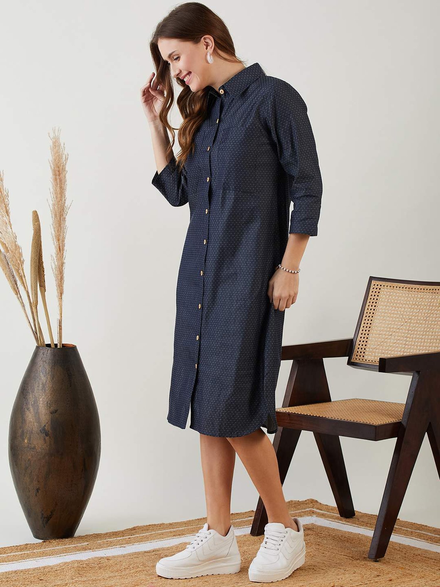 The Kaftan Company Blue Cotton Self Pattern A-Line Dress