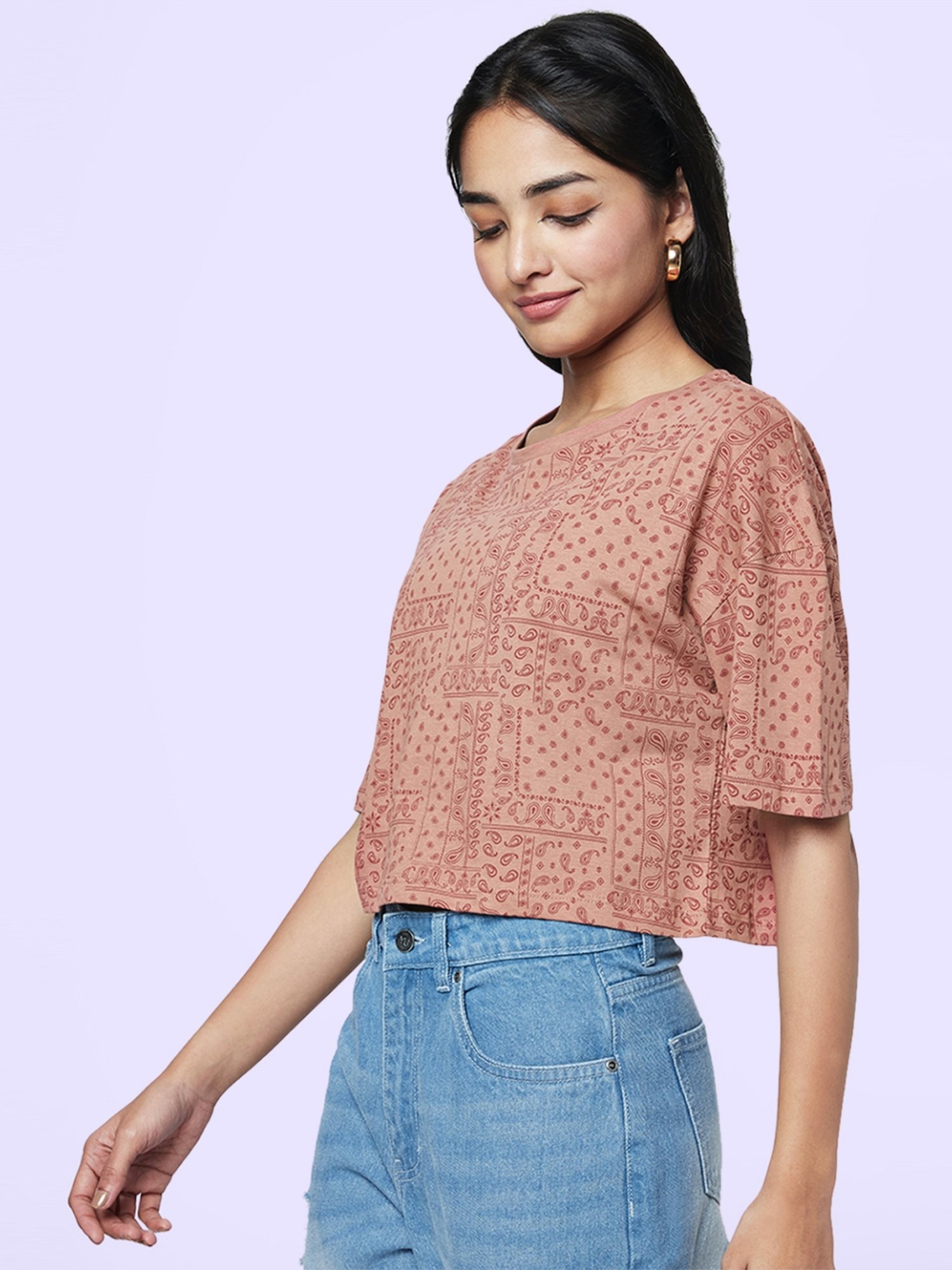 YU by Pantaloons Brown Cotton Printed Top