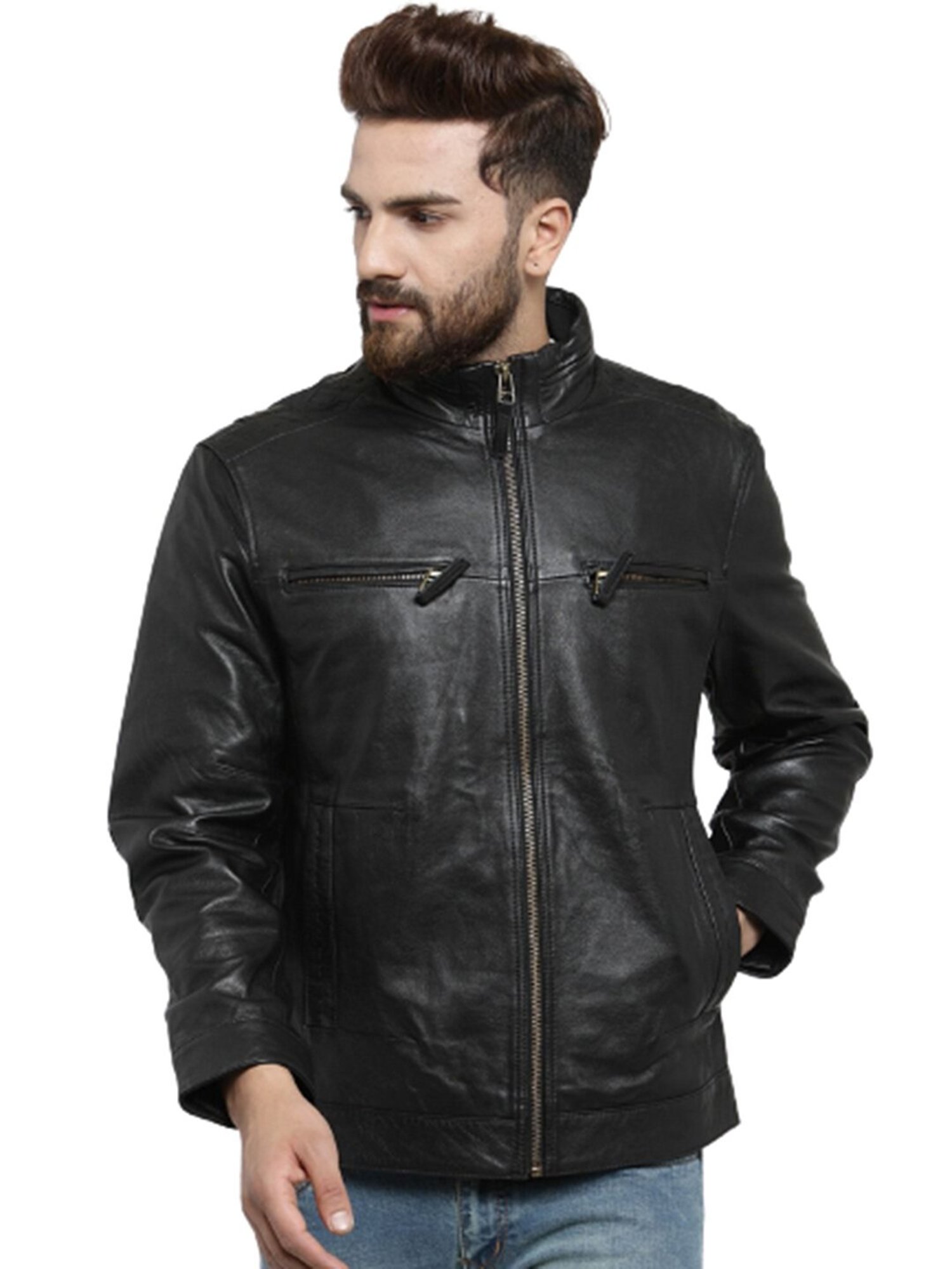 Teakwood Leathers Black High Neck Leather Jacket