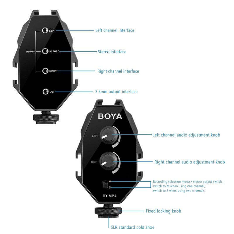 BOYA BY MP4 Microphones 2 channel Audio Adapter with a 3.5mm TRRS cable and 3.5mm TRS cable Designed for Smartphone, DSLR Camera (1pcs)