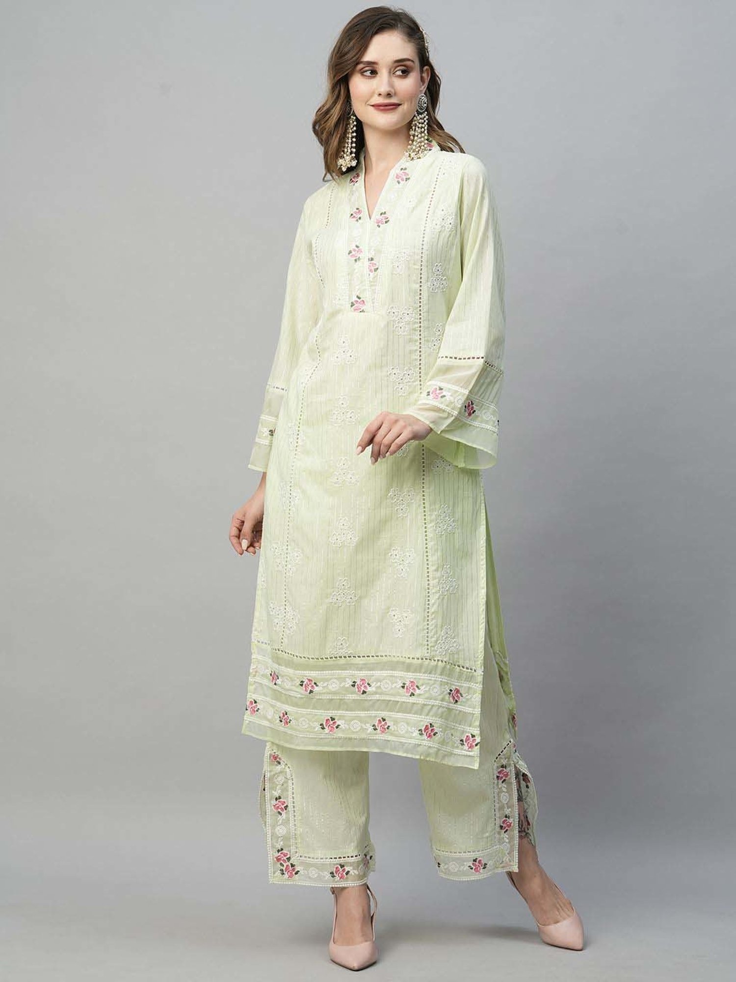 Heeposh Green Cotton Embroidered Kurta Palazzo Set With Dupatta