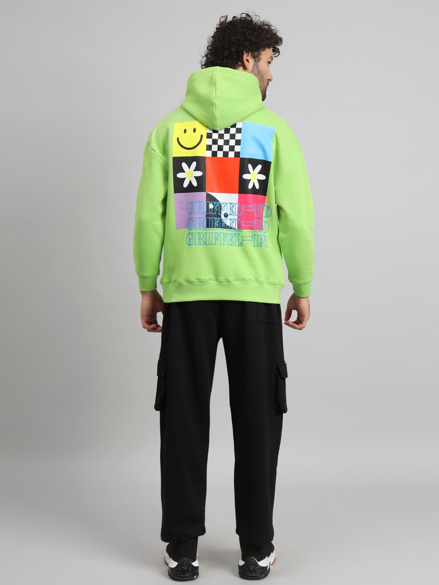 GRIFFEL Parrot Green & Black Loose Fit Printed Oversized Hooded Sweatshirt & Trackpants Set