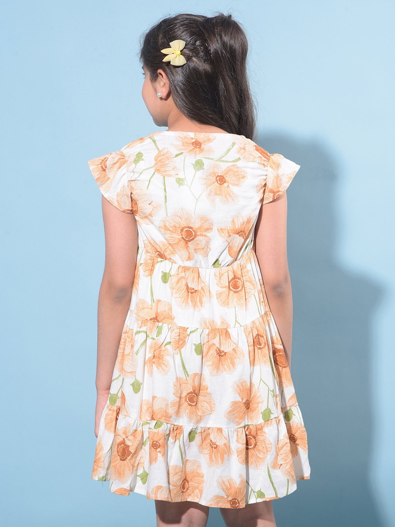 Crimsoune Club Kids Peach & White Floral Print A-Line Dress
