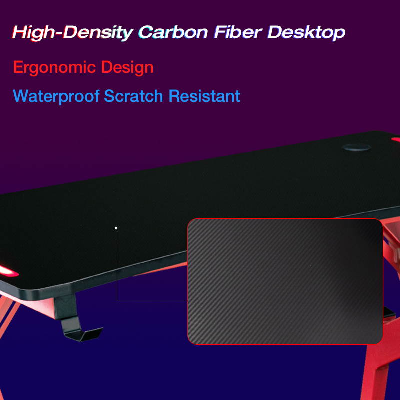 Goaic 47 Inch Gaming Desk with LED Lights Gaming Table Ergonomic PC Computer Desk , Professional Gamer Desk with Large Carbon Fiber Surface, Home Office Game Table with Cup Holder & Headphone Hook