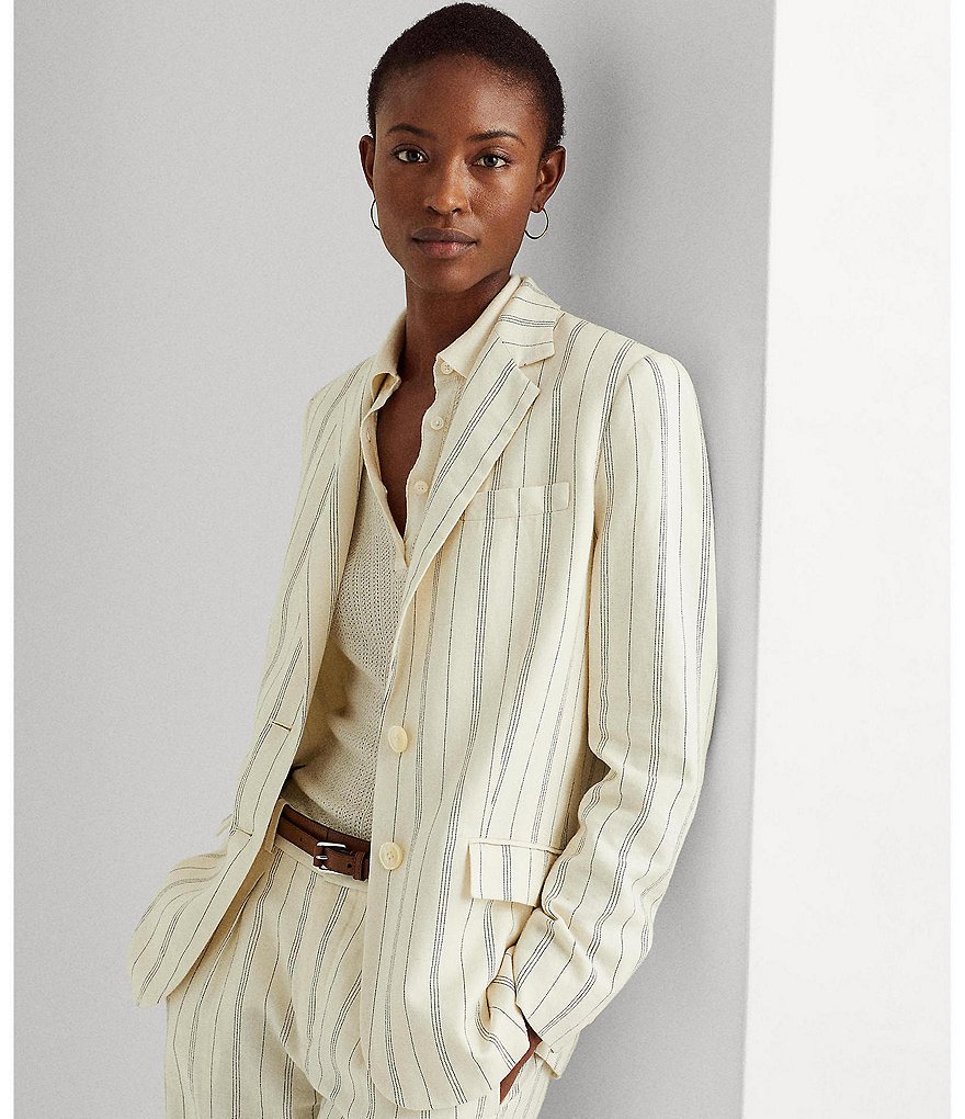 Lauren Ralph Lauren Striped Stretch Twill Notch Lapel Collar Two-Button Front Blazer