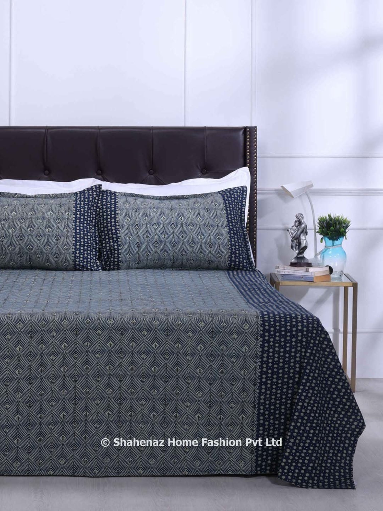 Shahenaz Navy Blue 120 TC Cotton Rahat Double Bedsheet with 2 Pillow Covers