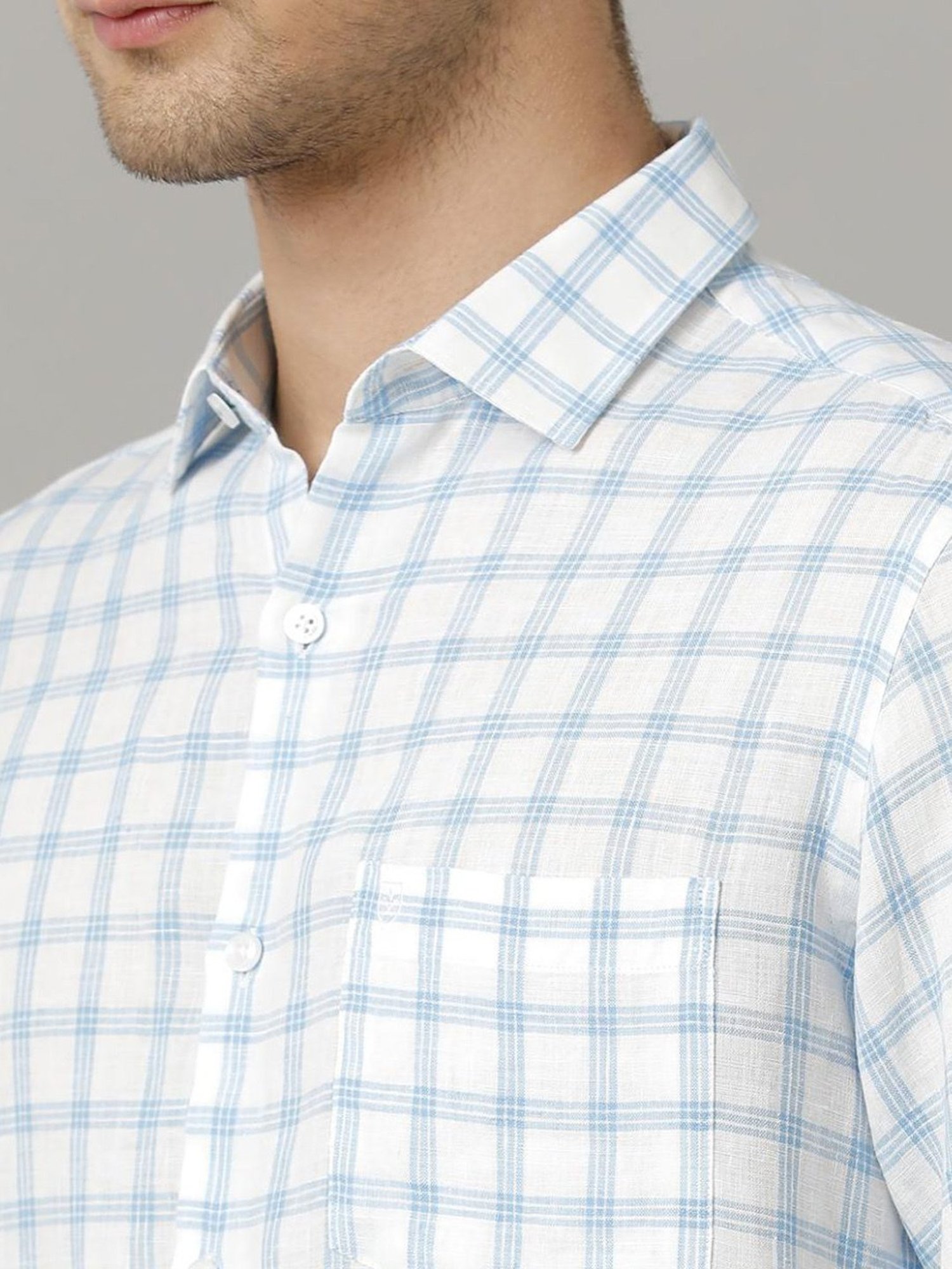 Linen Club Blue Linen Contemporary Fit Checks Shirt