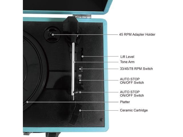 LP&No.1 Portable Suitcase Turntable with Stereo Speaker,3 Speeds Belt-Drive Vinyl Record Player Blue