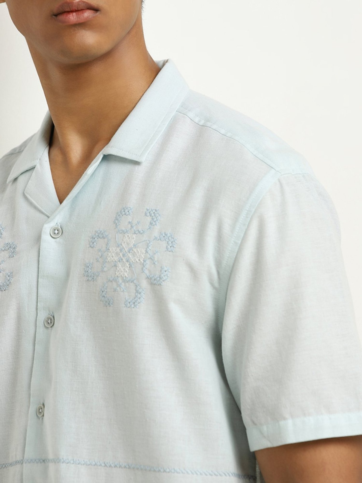 ETA by Westside Light Blue Embroidered Relaxed-Fit Cotton Blend Shirt