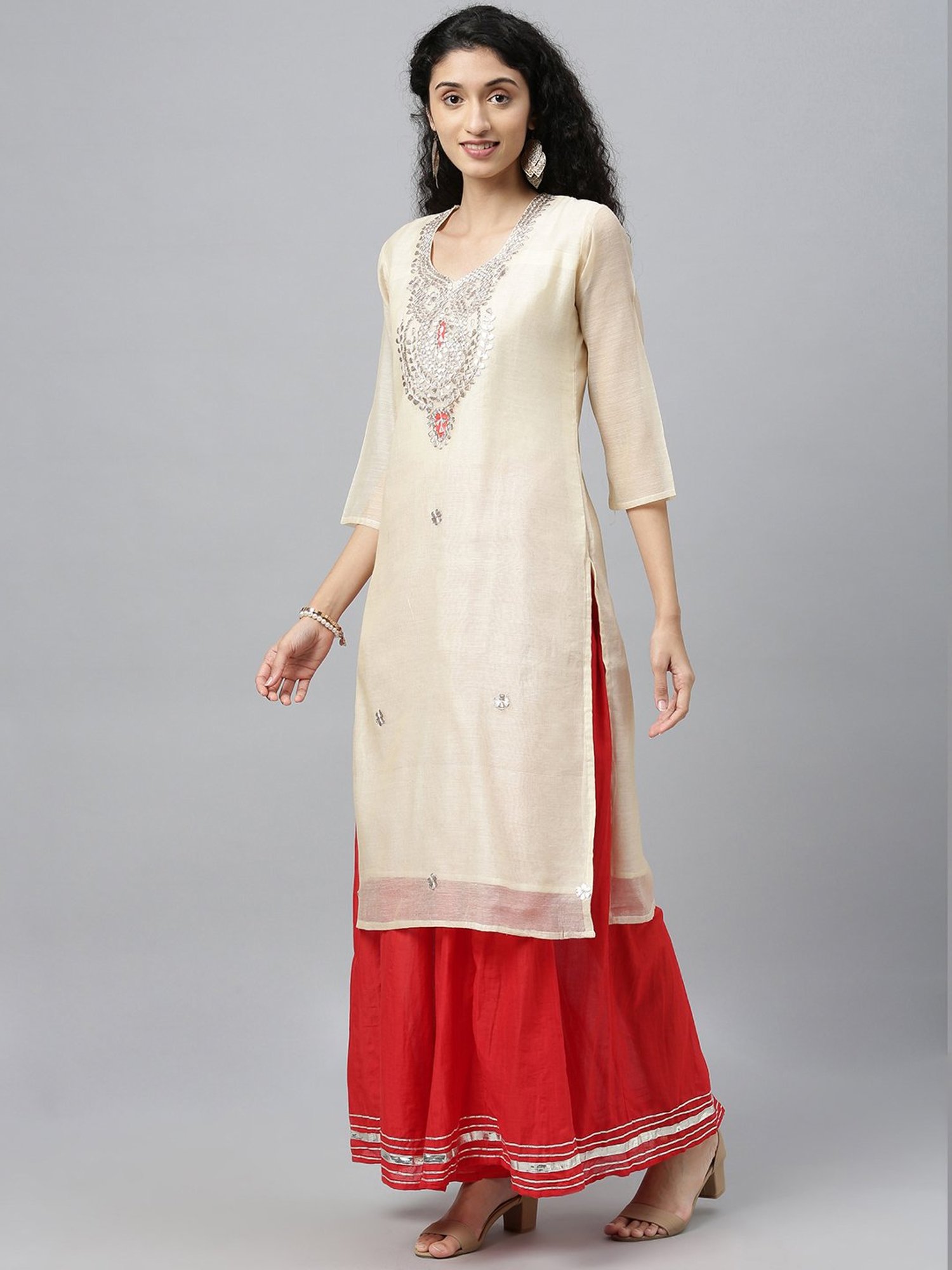 Geroo Jaipur Beige Hand Embroidered Chanderi Silk Kurta with Red Palazzo