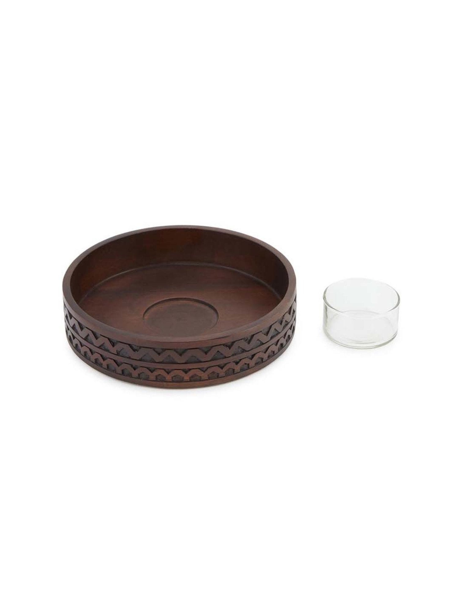Fabindia Samod Brown Wood 1 Dip Bowl & 1 Platter