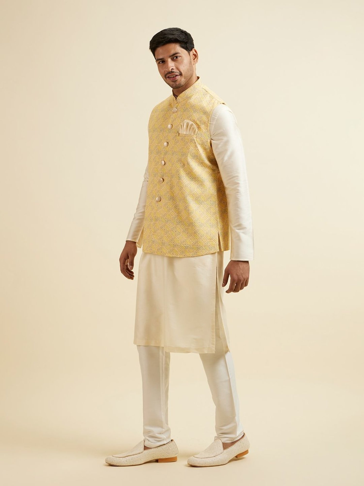 Manyavar Yellow Regular Fit Embroidered Nehru Jacket