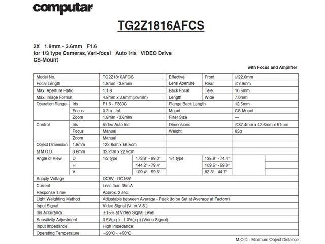 Computar Ganz High Quality CCTV Camera Lens TG2Z1816AFCS 1/3" 1.8-3.6mm f1.6 Varifocal, Video Auto Iris (CS Mount)