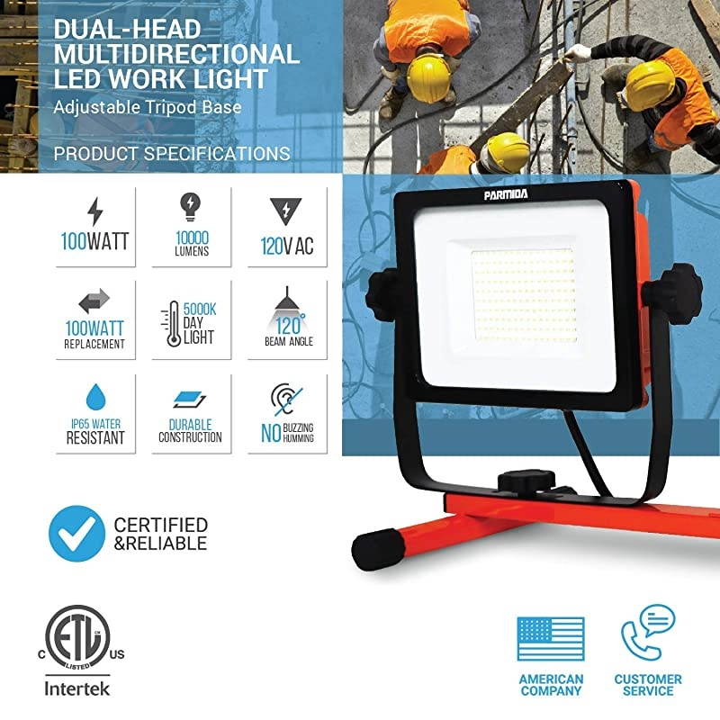 LED DualHead Work Light with 6ft Adjustable Tripod Stand 10000 Lumen 100W Durable Aluminum Body IP65 Waterproof Foldable Stand MultiDirectional amp Detachable Heads ETLListed