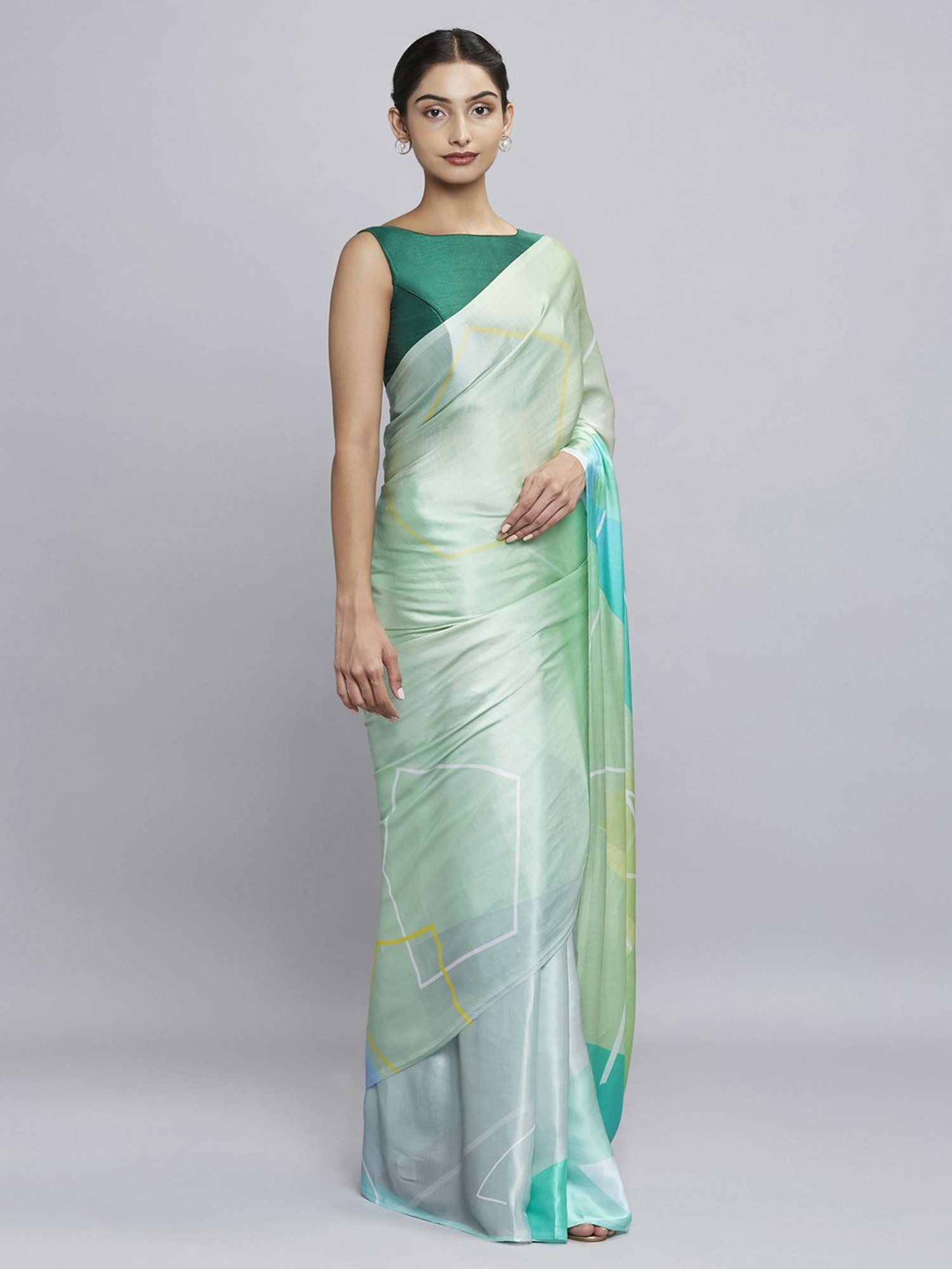 Navyasa Sea Green Liva Satin Geometric Printed Saree With Coordinated Unstitched Blouse Piece