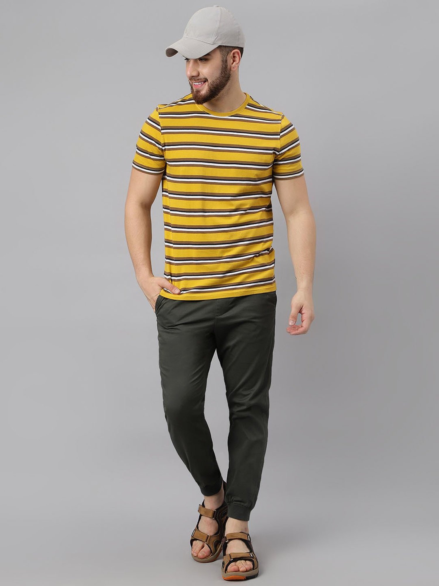 Woodland Mustard Cotton Regular Fit Striped T-Shirt