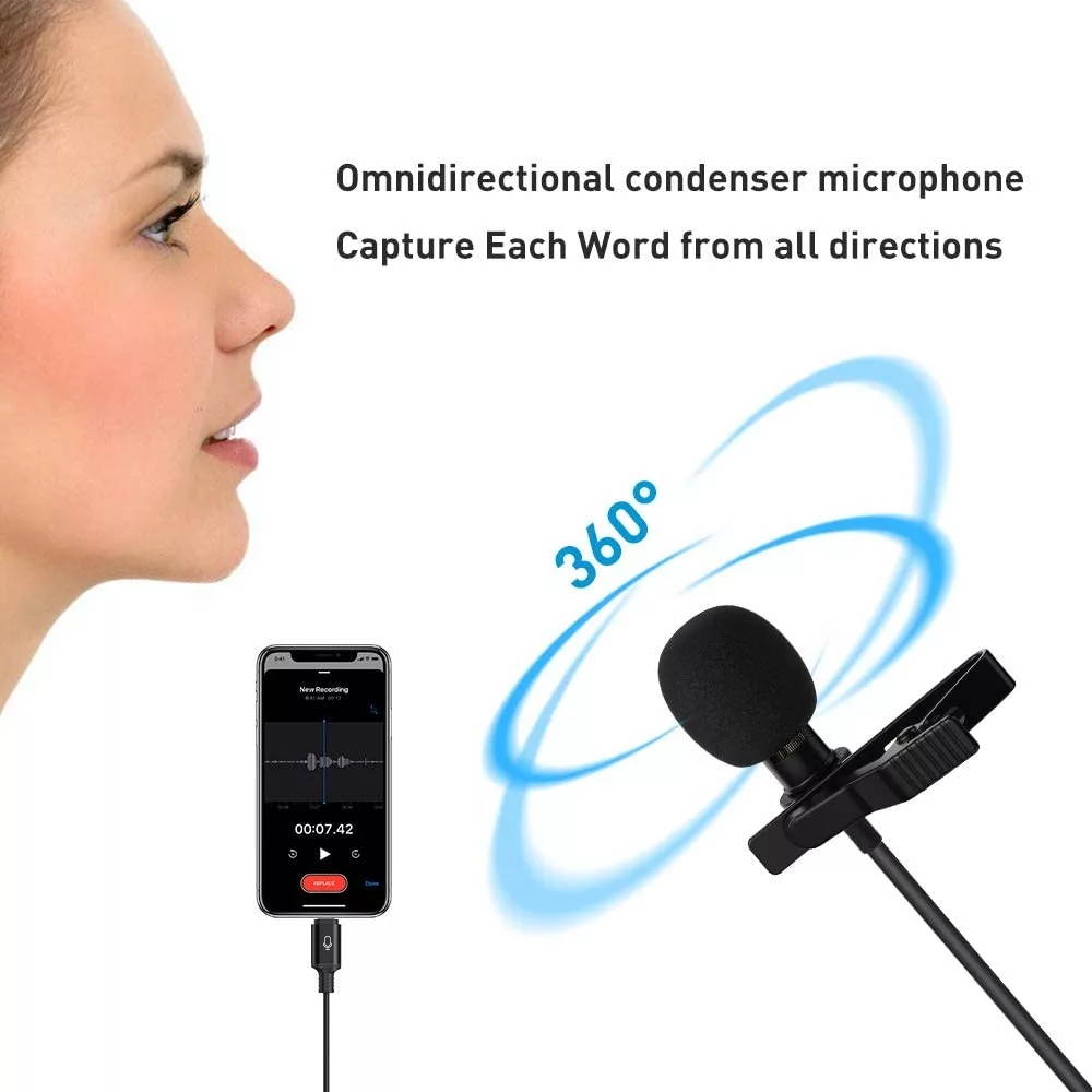 Multifunctional Loudspeaker Lavalier Clip/Lapel Clip Omnidirectional Condenser Microphone Wired Microphone is Suitable for Lightning Interface Equipment