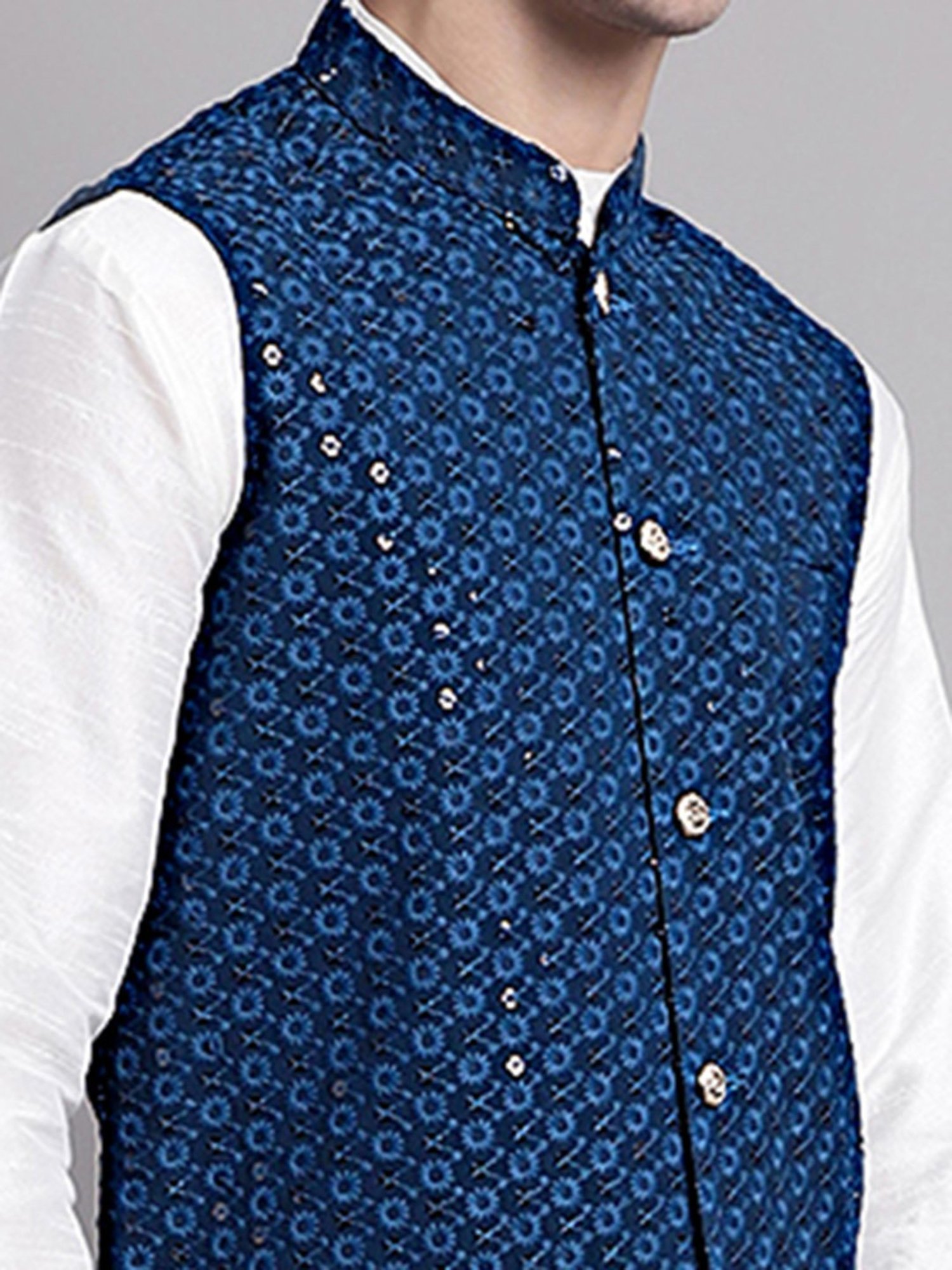 Jompers Navy Regular Fit Embroidered Nehru Jacket