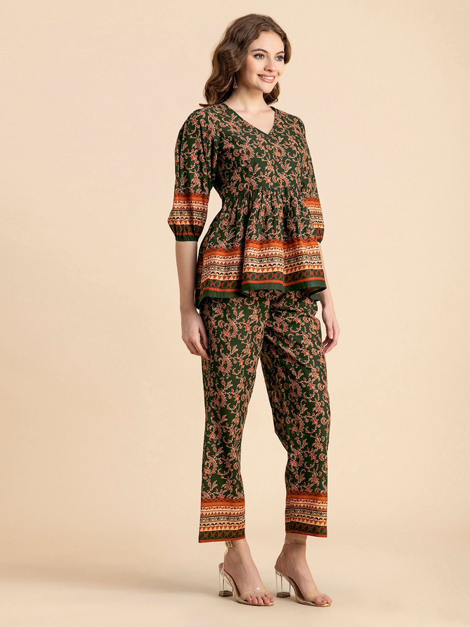 Moomaya Green Cotton Floral Print Top With Pants