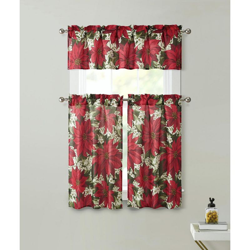 Kate Aurora Holiday Living Classic Poinsettia Complete 3 Piece Christmas Kitchen Curtain Tier & Valance Set - 58 in. W x 36 in. L