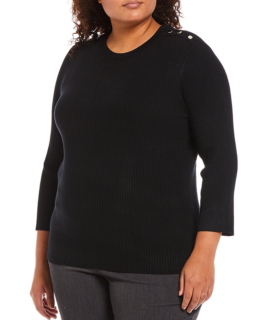 Ruby Rd. Plus Size Ombre Striped 3/4 Sleeve Button Front Long Cardigan