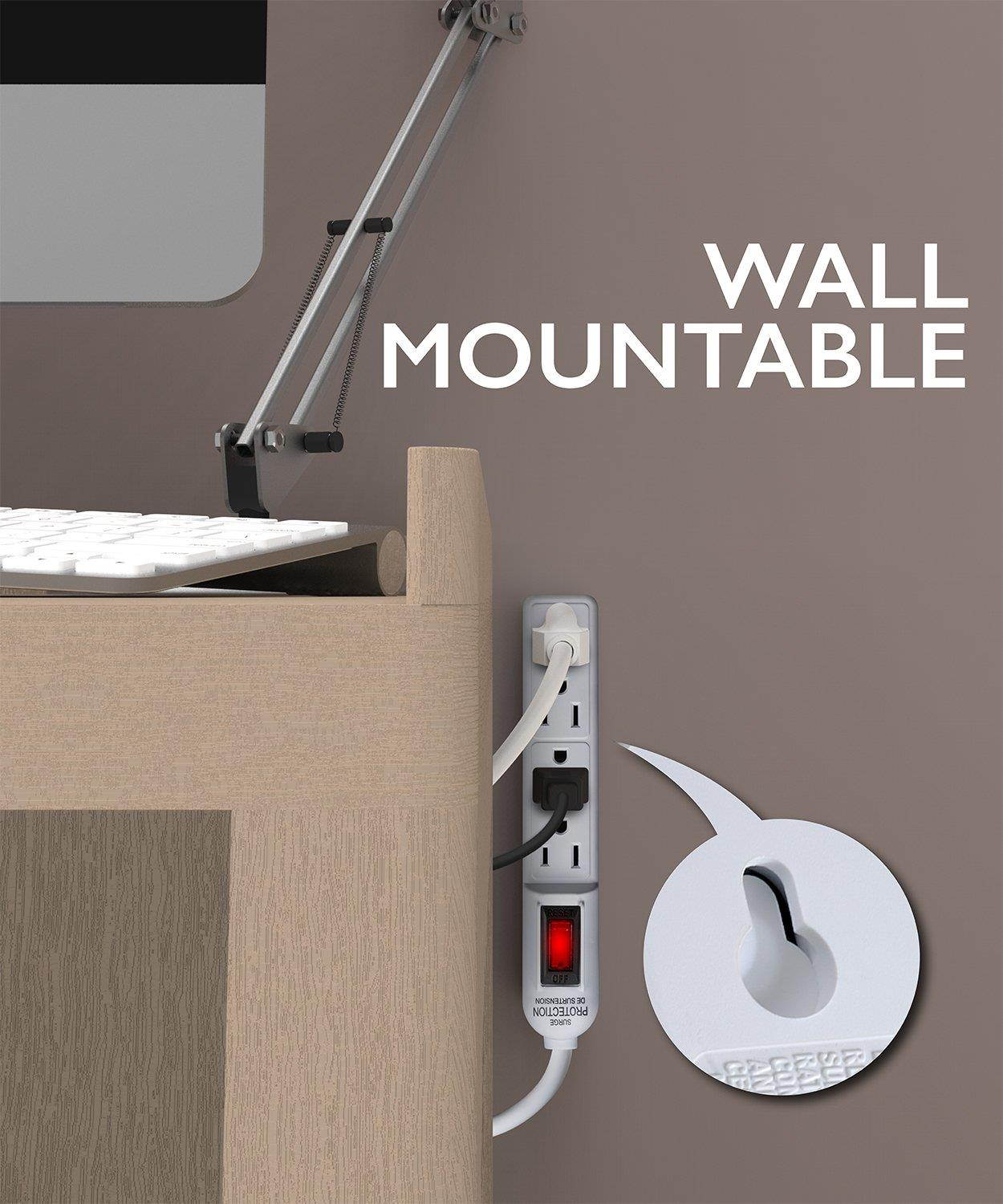 Surge Protector Power Strip Flat Plug, Fosmon [ETL Listed] 4-Outlet Power Strip 1875W 15A 300J, 3FT Extension Cord Wall Mount with 3 Prong Grounded for Entertainment Room, Living Room, Office