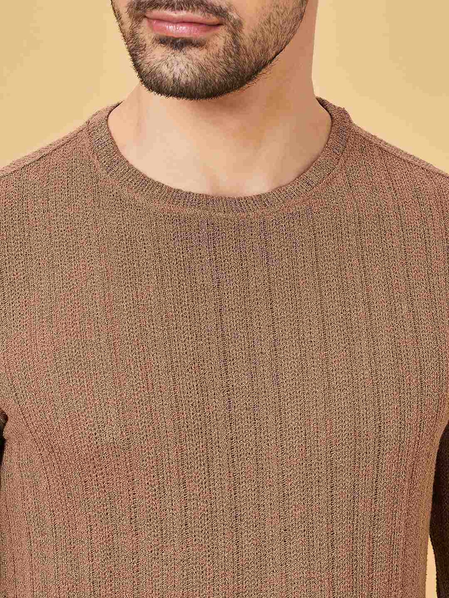 7 Alt By Pantaloons Brown Slim Fit Self Pattern T-Shirt