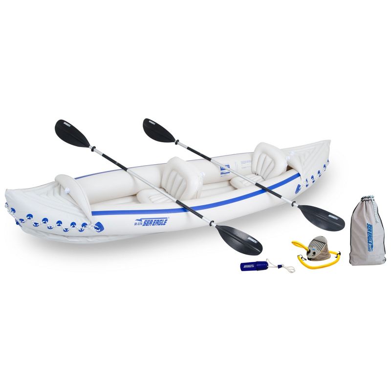 Sea Eagle 370 Deluxe 3 Person Inflatable Portable Sport Kayak Canoe with Paddles, 2 Moveable Seats, Foot Pump, and Carry Bag