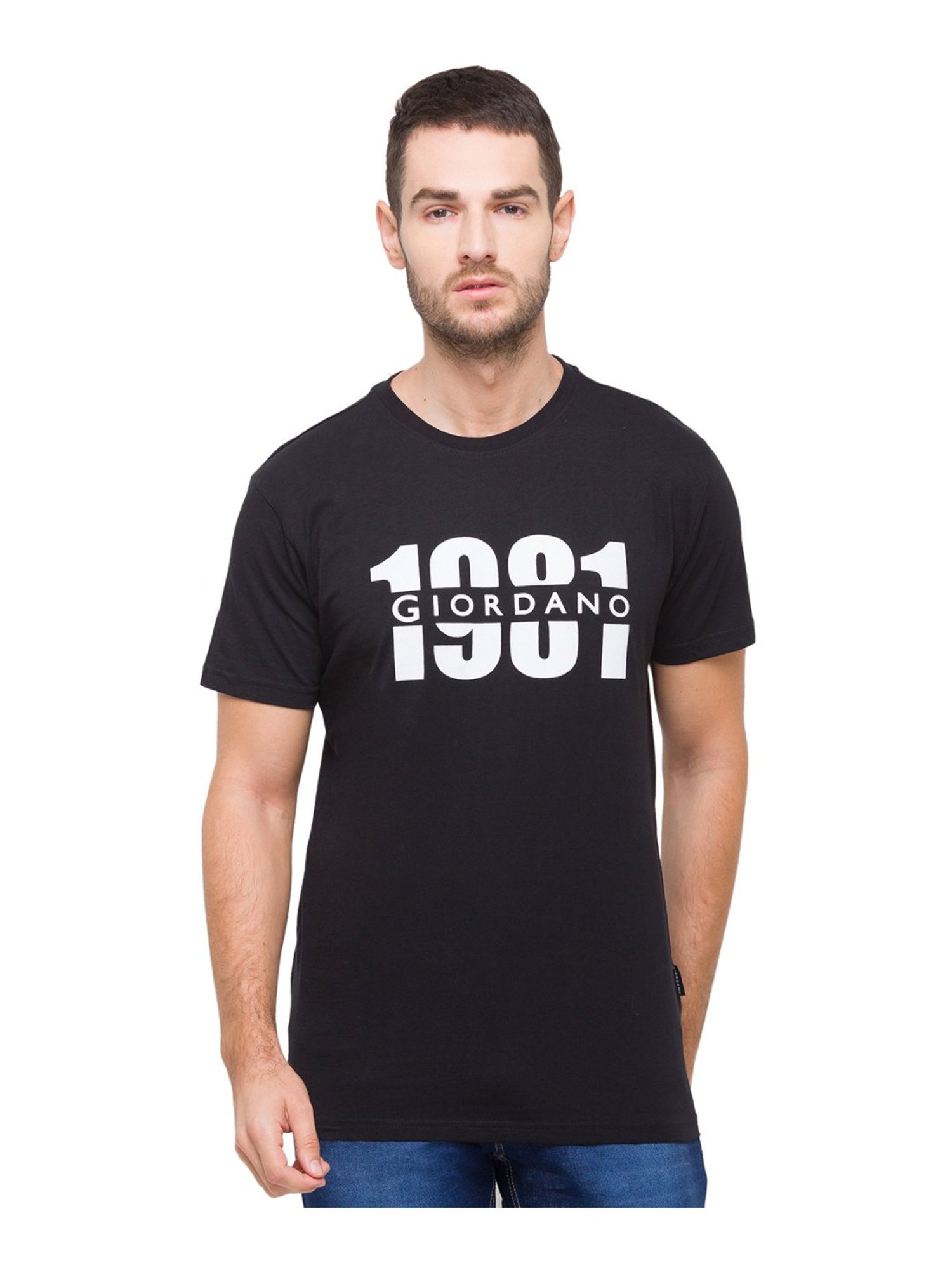 Giordano Black Cotton Slim Fit Logo Printed T-Shirt