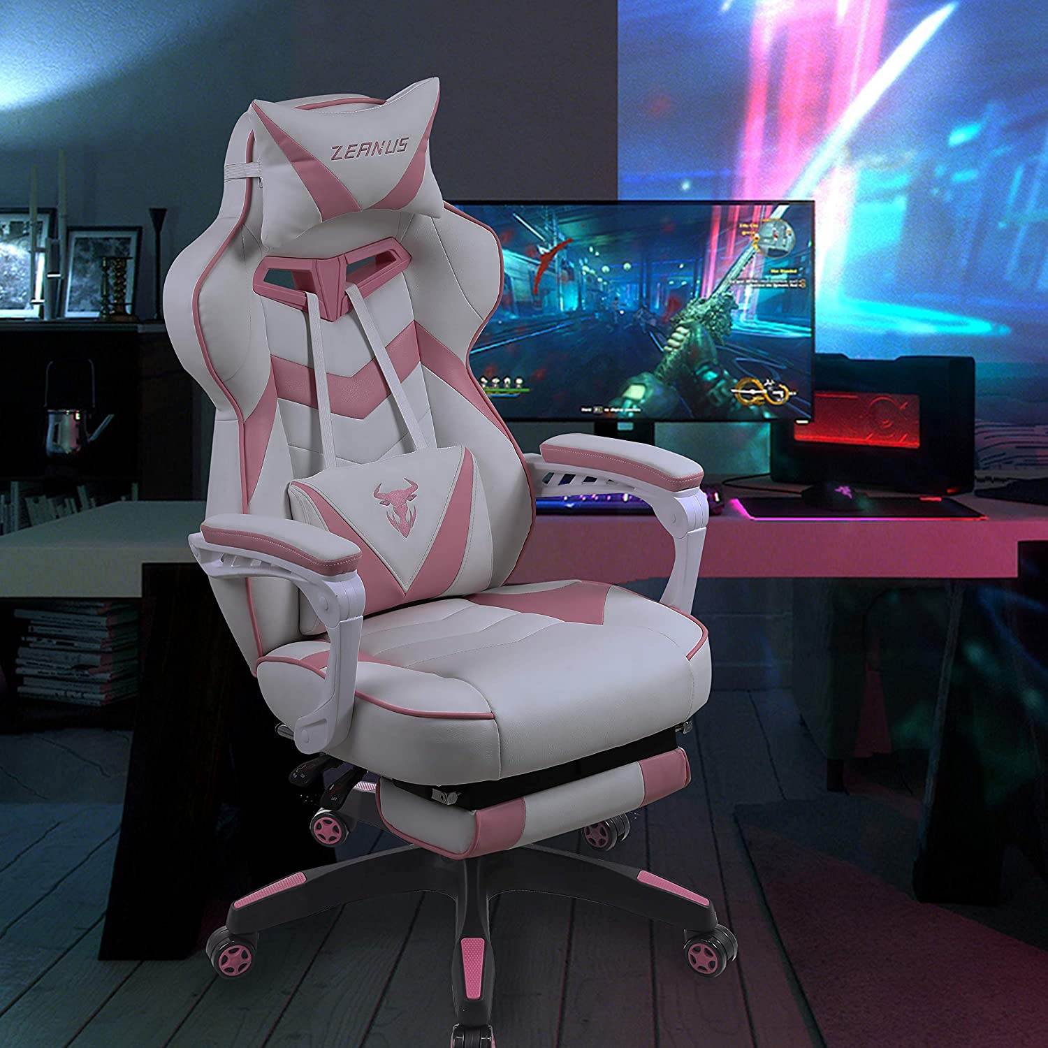 Zeanus Gaming Chair for Adults Green, Gaming Chair with Footrest, Massage Computer Gaming Chair, Reclining Gaming Desk Chair, Big and Tall Video Gaming Chair, Racing Style Chair, E-Sports Gamer Chair