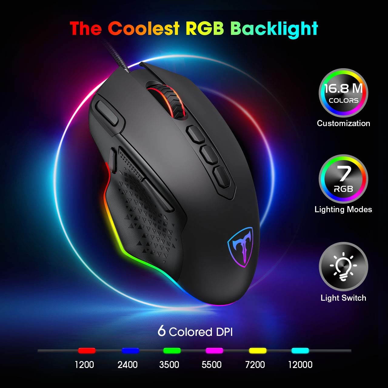 PICTEK RGB Gaming Mouse Wired Mouse Gaming with Weight Tuning Set in the Mouse with 12000 DPI Fire & Sniper Button 10 Programmable Buttons