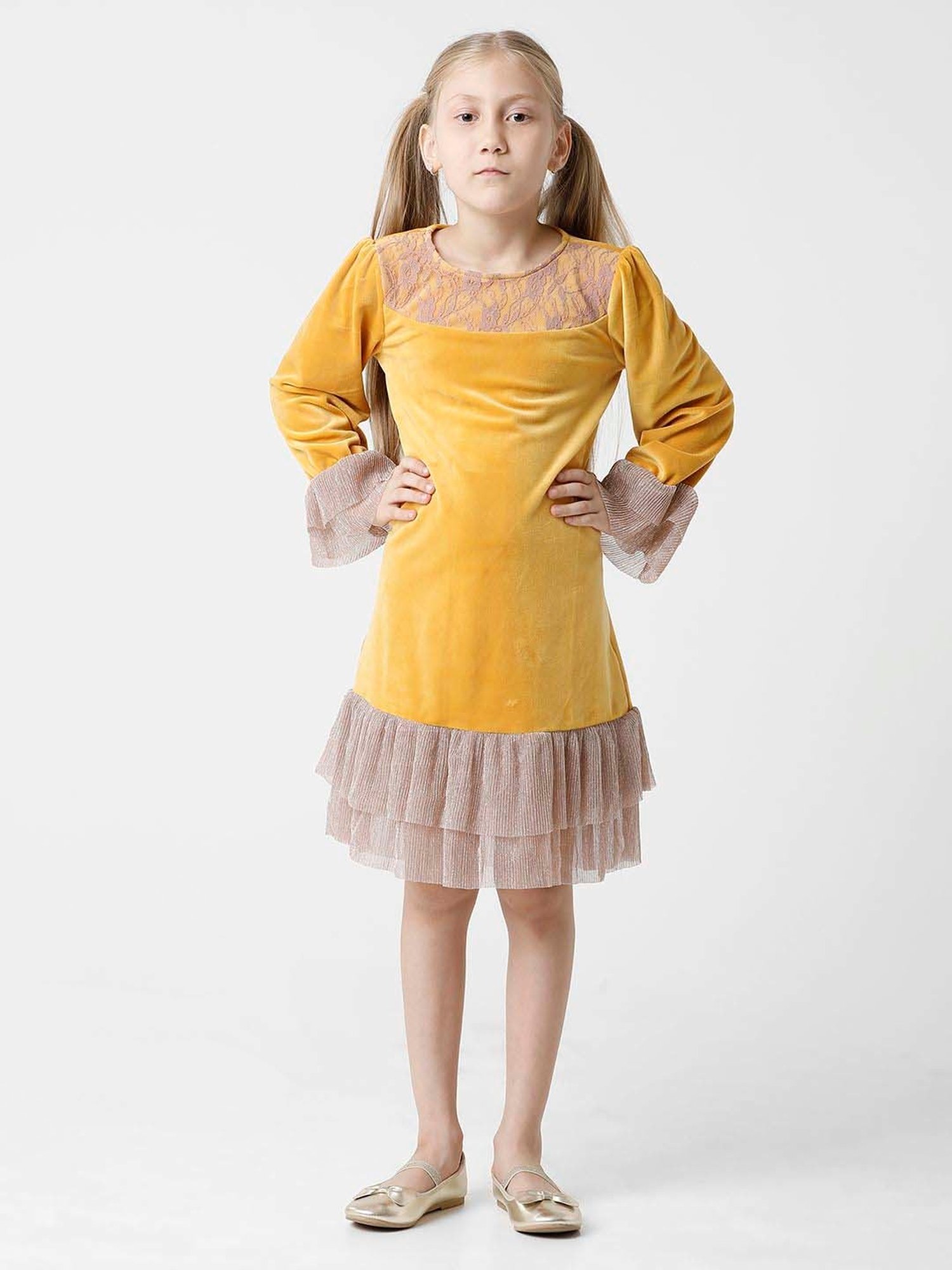 Kate & Oscar Kids Mustard Embroidered Full Sleeves Dress