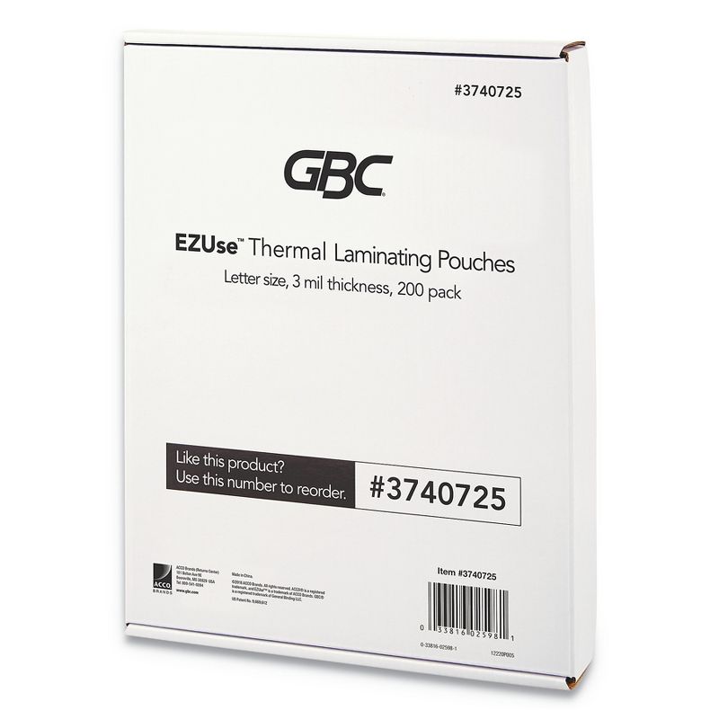 GBC(R) EZUse Thermal Laminating Pouches  3 mil  8 1/2" x 11"  Clear  Glossy  200/Pack 3740725